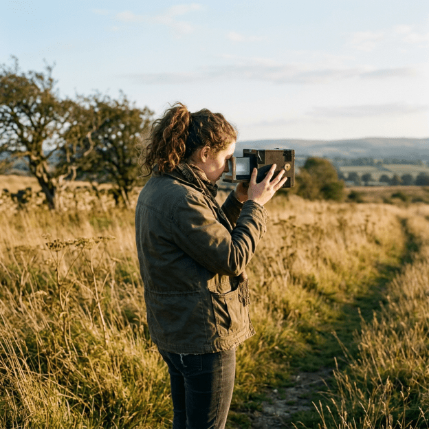 Woman looking through a vintage camera in a grassy field
